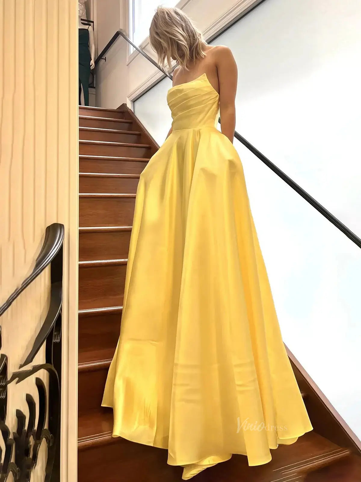 prom dresses 2025 Strapless Satin Prom Dresses with Pleated Bodice & Pockets - FD5135-plus size wedding dresses Viniodress-Yellow-Custom Size-