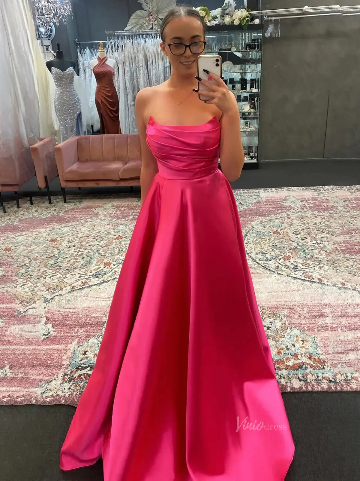 prom dresses 2025 Strapless Satin Prom Dresses with Pleated Bodice & Pockets - FD5135-plus size wedding dresses Viniodress-Fuchsia-Custom Size-