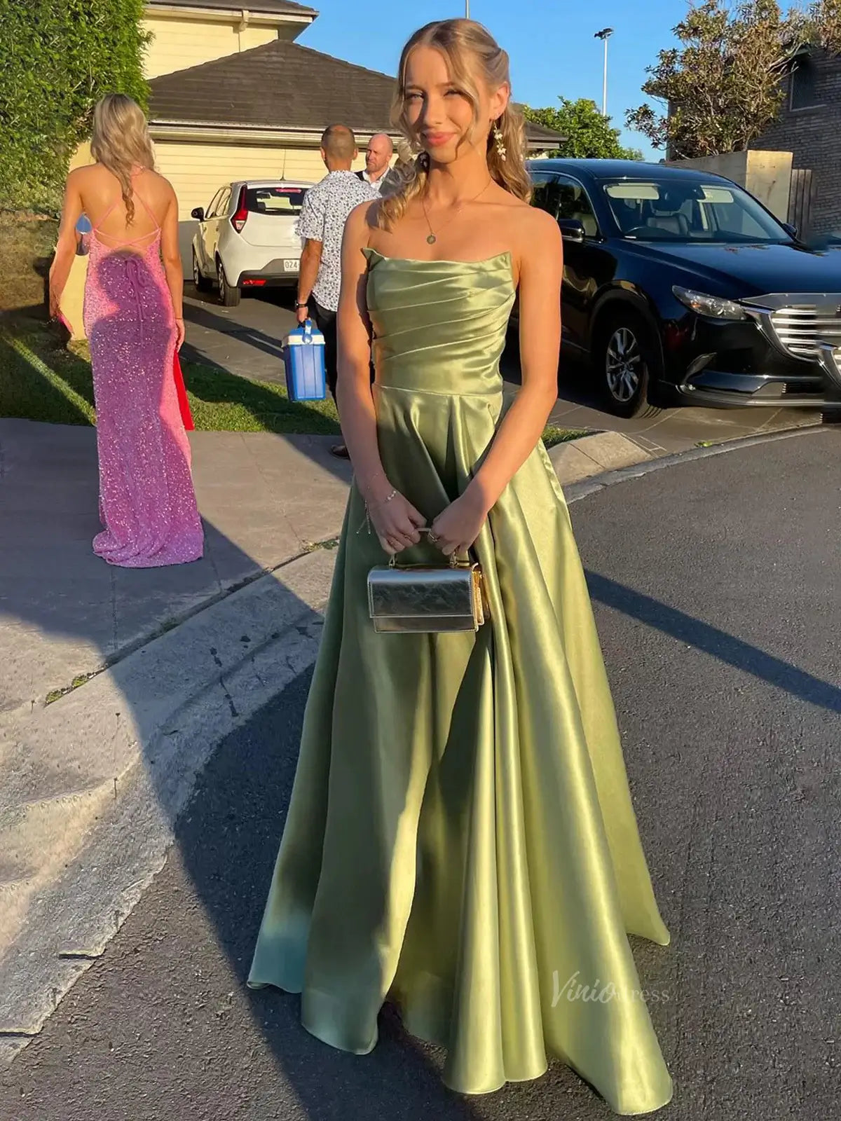 prom dresses 2025 Strapless Satin Prom Dresses with Pleated Bodice & Pockets - FD5135-plus size wedding dresses Viniodress-Green-Custom Size-