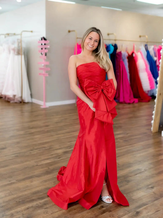 Strapless Satin Sheath Prom Dress with Slit, Bow & Pleated Bodice – Style FD6005-prom dresses 2025 -Viniodress-Red-Custom Size-