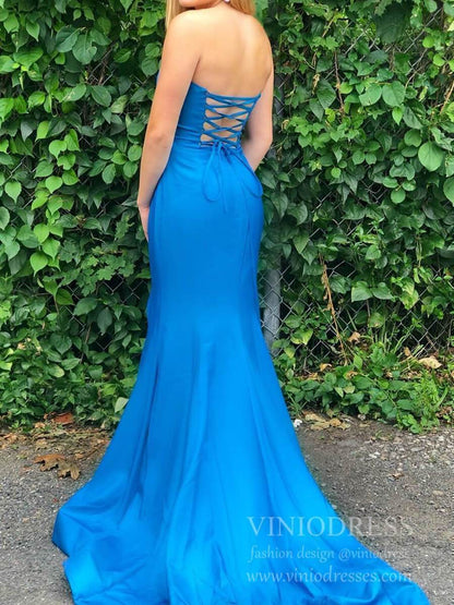 Strapless Satin Sheath Prom Dresses with Slit Lace Up Back Pageant Dress FD1775-prom dresses 2025 -Viniodress-Hot Pink-Custom Size-