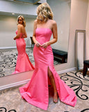 Prom Dress 2025 Strapless Satin Sheath Prom Dresses with Slit Lace Up Back Pageant Dress FD1775-unique prom dresses-Hot Pink-Custom Size-Viniodress