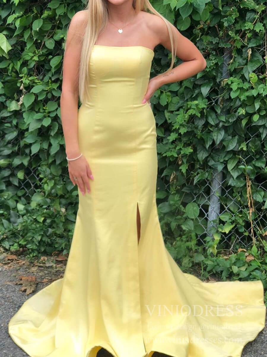 Prom Dress 2025 Strapless Satin Sheath Prom Dresses with Slit Lace Up Back Pageant Dress FD1775-unique prom dresses-Yellow-Custom Size-Viniodress