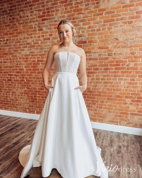 Strapless Satin Wedding Dress with Pearl Bodice and Pockets MN130 Viniodress Strapless Satin Wedding Dress with Pearl Bodice and Pockets MN130 Viniodress