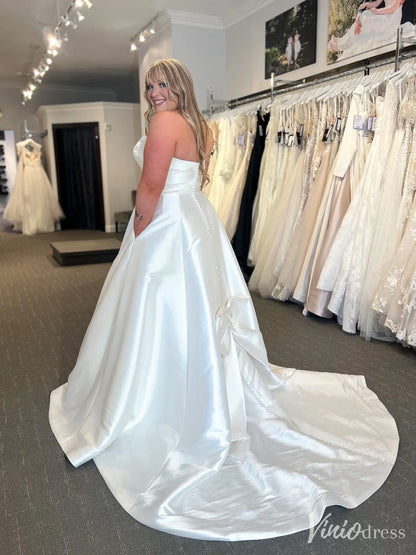 Strapless Satin Wedding Dress with Scoop Neckline, Bow Back, Pockets, Sweep Train – VW2592-wedding dresses 2025 -Viniodress-White-Custom Size-