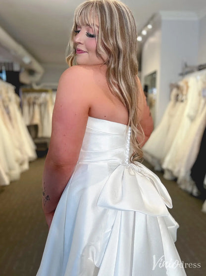 Strapless Satin Wedding Dress with Scoop Neckline, Bow Back, Pockets, Sweep Train – VW2592-wedding dresses 2025 -Viniodress-White-Custom Size-
