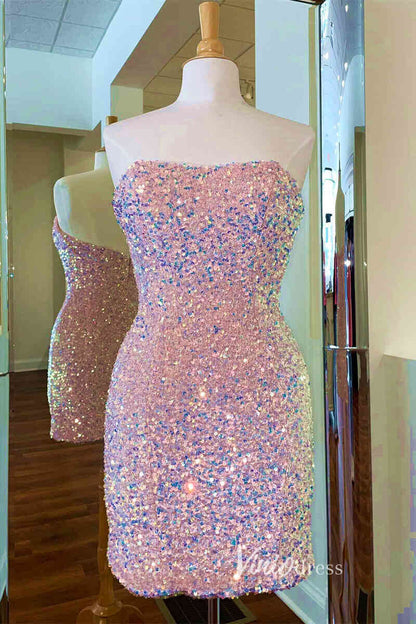 Strapless Sequin Homecoming Dresses Mini Cocktail Dress SD1597-Homecoming Dresses 2025 -Viniodress-Pink-Custom Size-