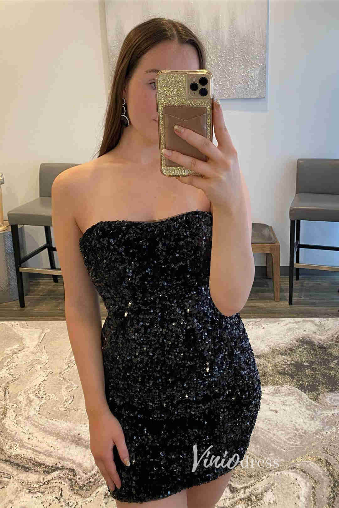 Strapless Sequin Homecoming Dresses Mini Cocktail Dress SD1597-Homecoming Dresses 2025 -Viniodress-Black-Custom Size-