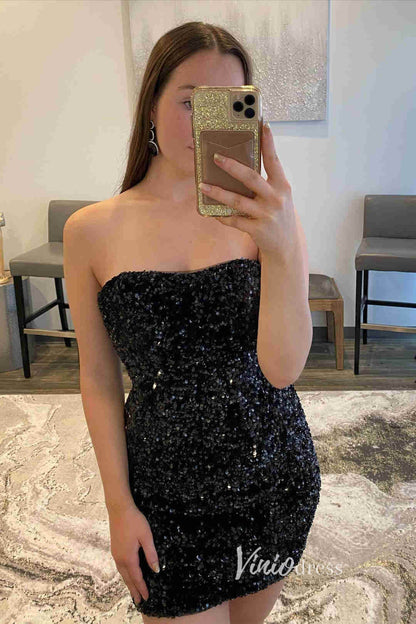 Strapless Sequin Homecoming Dresses Mini Cocktail Dress SD1597-Homecoming Dresses 2025 -Viniodress-Black-Custom Size-