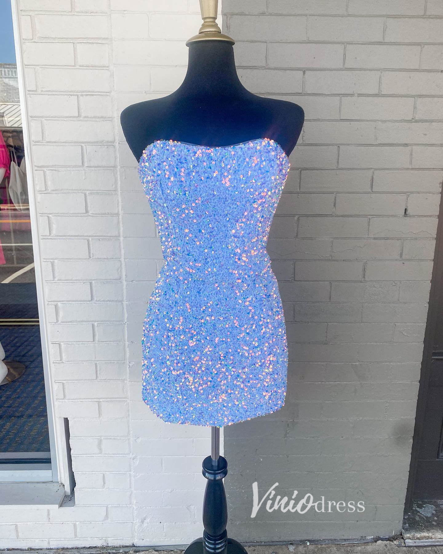 Short Prom Dresses 2025 Strapless Sequin Homecoming Dresses Mini Cocktail Dress SD1597-homecoming dresses-Viniodress-Light Blue-Custom Size-Viniodress