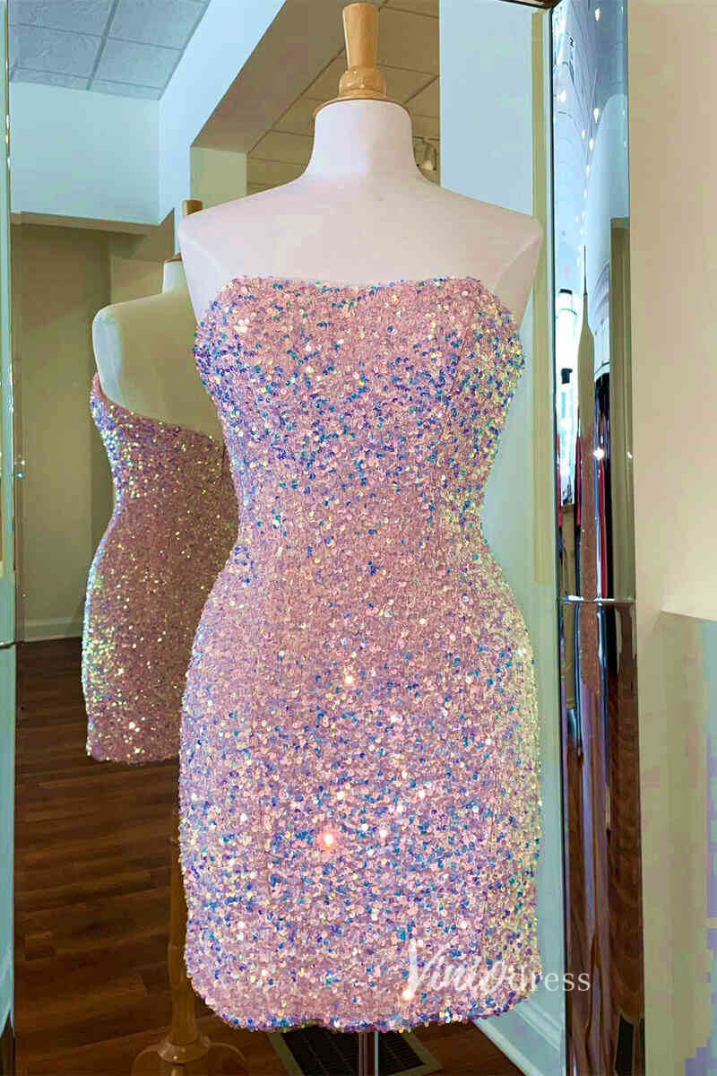 Short Prom Dresses 2025 Strapless Sequin Homecoming Dresses Mini Cocktail Dress SD1597-homecoming dresses-Viniodress-Pink-Custom Size-Viniodress