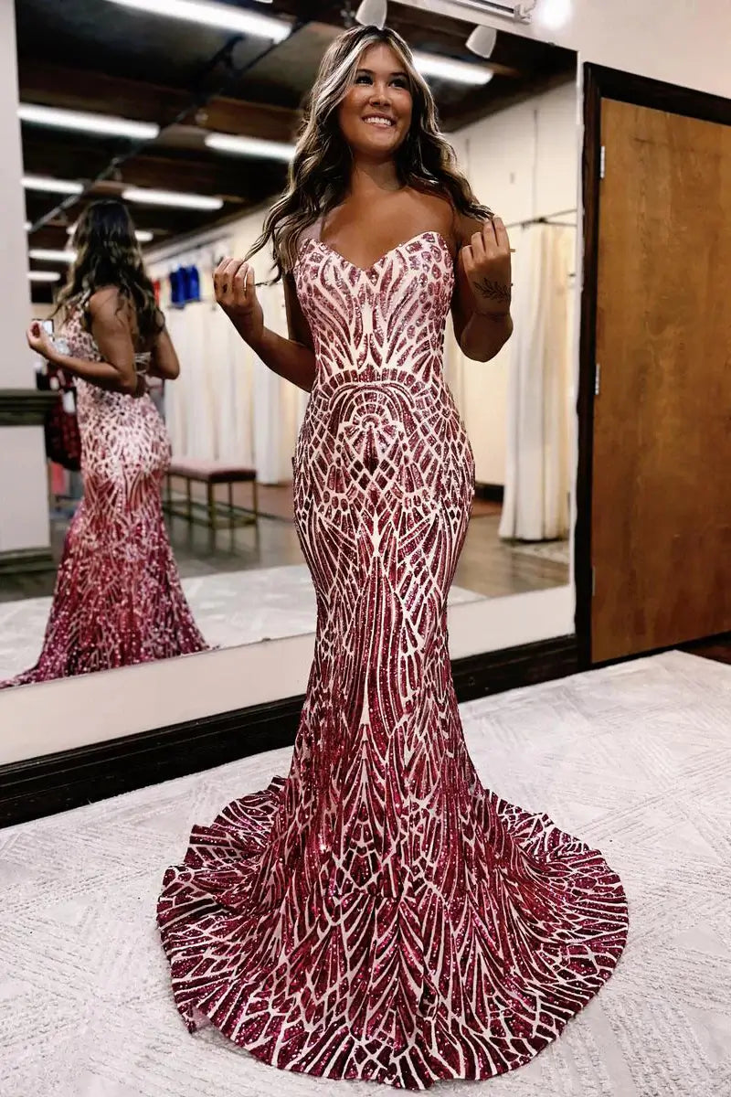 Strapless Sequin Mermaid Prom Dress with Sweetheart Neckline, Geometric Sequin Evening Gown SQ004-prom dresses 2026-Viniodress-Purple-Custom Size-