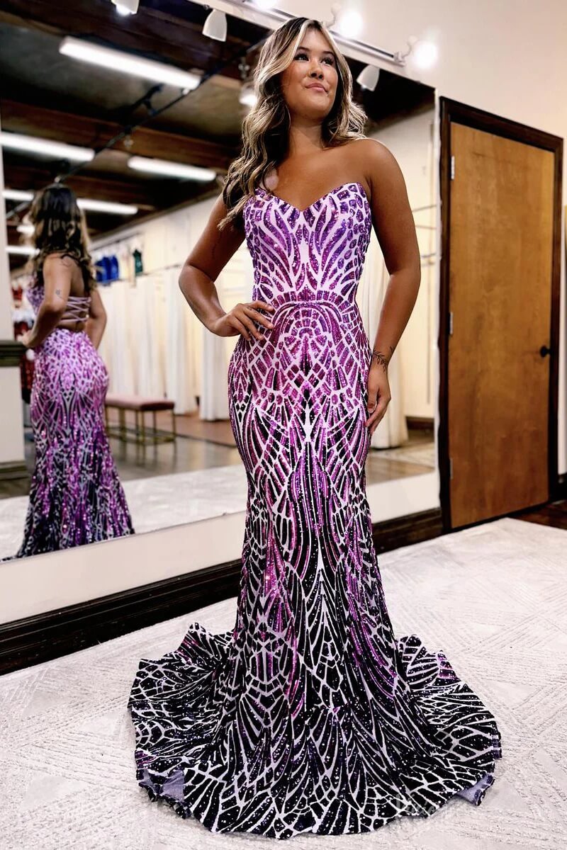 Strapless Sequin Mermaid Prom Dress with Sweetheart Neckline, Geometric Sequin Evening Gown SQ004-prom dresses 2026-Viniodress-Purple-Custom Size-