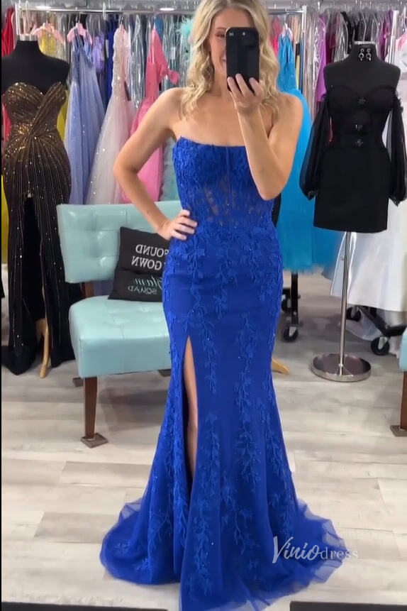 Strapless Sheath Lace Prom Dresses with Slit Lace-up Back FD1250P-prom dresses 2025 -Viniodress-Royal Blue-Custom Size-
