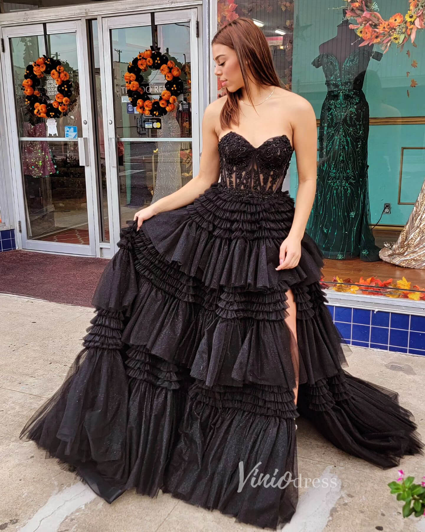 Strapless Shiny Tulle Ruffle Prom Dresses with Slit Pink Tiered Ball Gown FD2993B-prom dresses 2025 -Viniodress-Black-Custom Size-