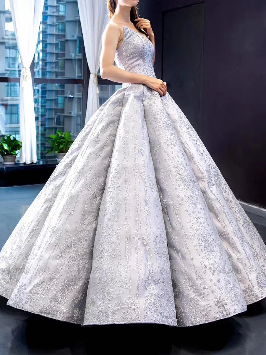 Strapless Silver Grey Prom Dresses Ball Gown Lace Sweet 16 Dress FD1178 viniodress-prom dresses-Viniodress-Viniodress