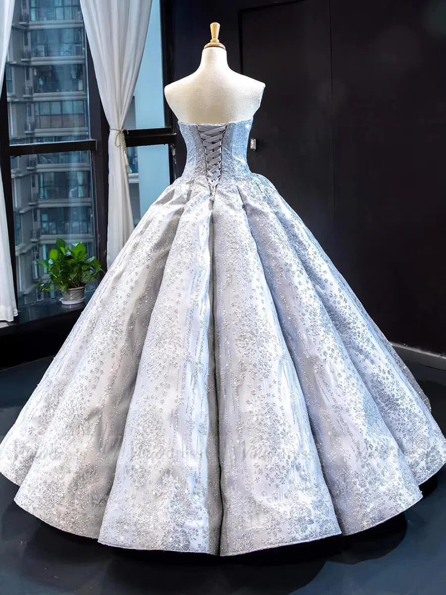 Prom Dress 2025 Strapless Silver Grey Prom Dresses Ball Gown Lace Sweet 16 Dress FD1178 viniodress-unique prom dresses-Silver-Custom Size-Viniodress