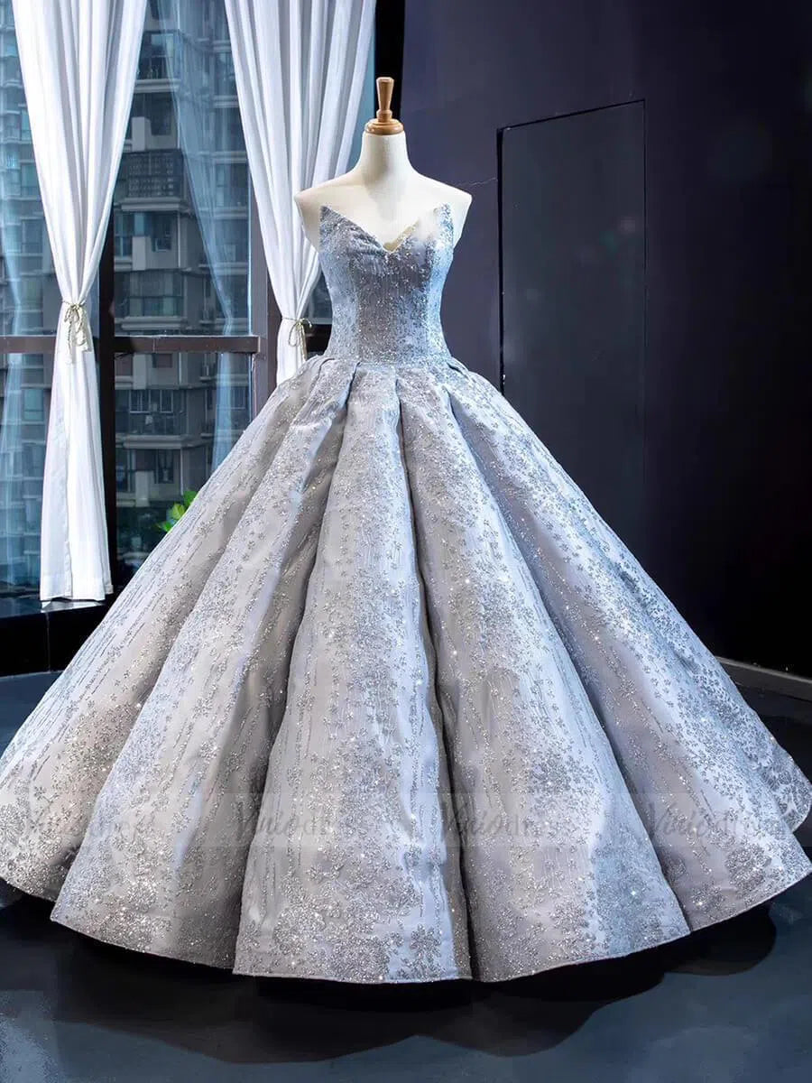 Strapless Silver Grey Prom Dresses Ball Gown Lace Sweet 16 Dress FD1178 viniodress-prom dresses-Viniodress-Viniodress