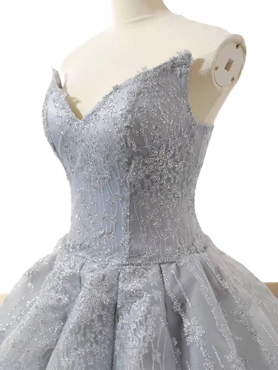 Strapless Silver Grey Prom Dresses Ball Gown Lace Sweet 16 Dress FD1178 viniodress-prom dresses-Viniodress-Viniodress