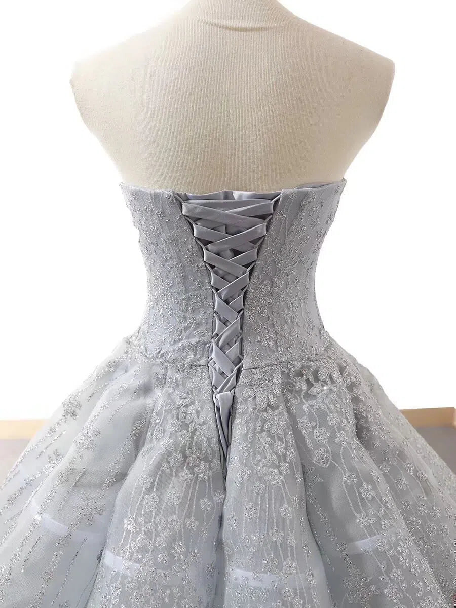 Strapless Silver Grey Prom Dresses Ball Gown Lace Sweet 16 Dress FD1178 viniodress-prom dresses-Viniodress-Viniodress