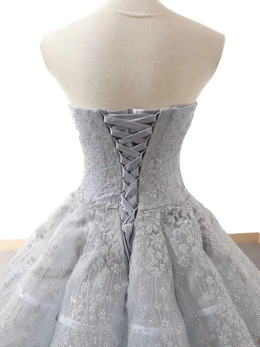 Prom Dress 2025 Strapless Silver Grey Prom Dresses Ball Gown Lace Sweet 16 Dress FD1178 viniodress-unique prom dresses-Silver-Custom Size-Viniodress