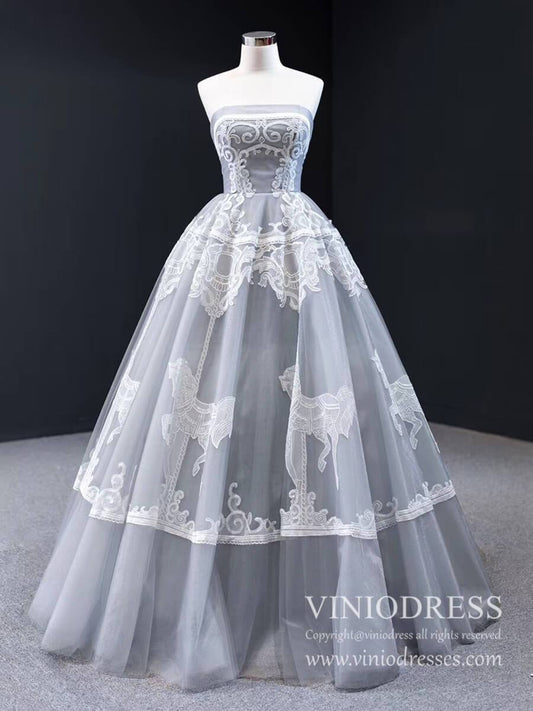 Strapless Silver Tulle Prom Dresses Vintage Horse Lace Formal Dress FD1981 viniodress-prom dresses 2025 -Viniodress-Strapless-Grey-US2