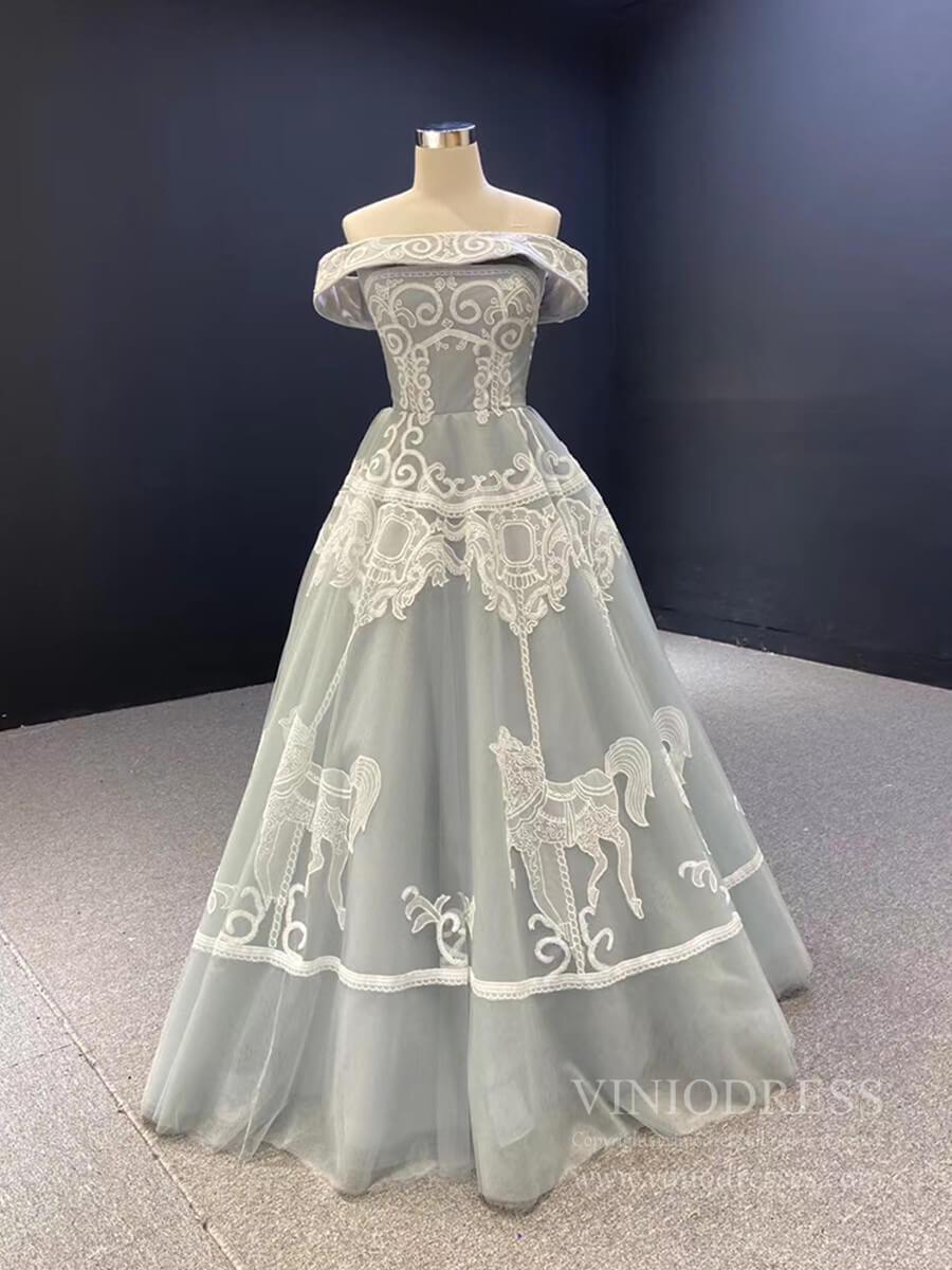 Strapless Silver Tulle Prom Dresses Vintage Horse Lace Formal Dress FD1981 viniodress-prom dresses 2025 -Viniodress-Off shoulder-Grey-US2
