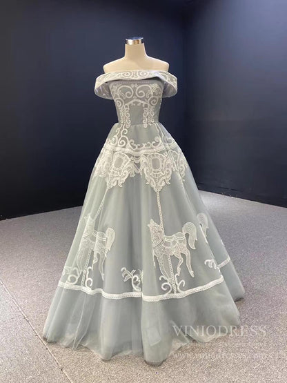 Strapless Silver Tulle Prom Dresses Vintage Horse Lace Formal Dress FD1981 viniodress-prom dresses 2025 -Viniodress-Off shoulder-Grey-US2