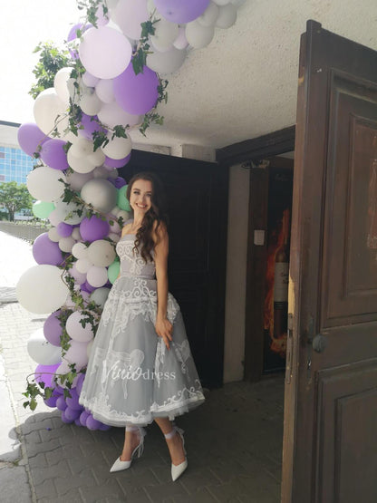 Strapless Silver Tulle Prom Dresses Vintage Horse Lace Formal Dress FD1981 viniodress-prom dresses 2025 -Viniodress-Strapless-Grey-US2