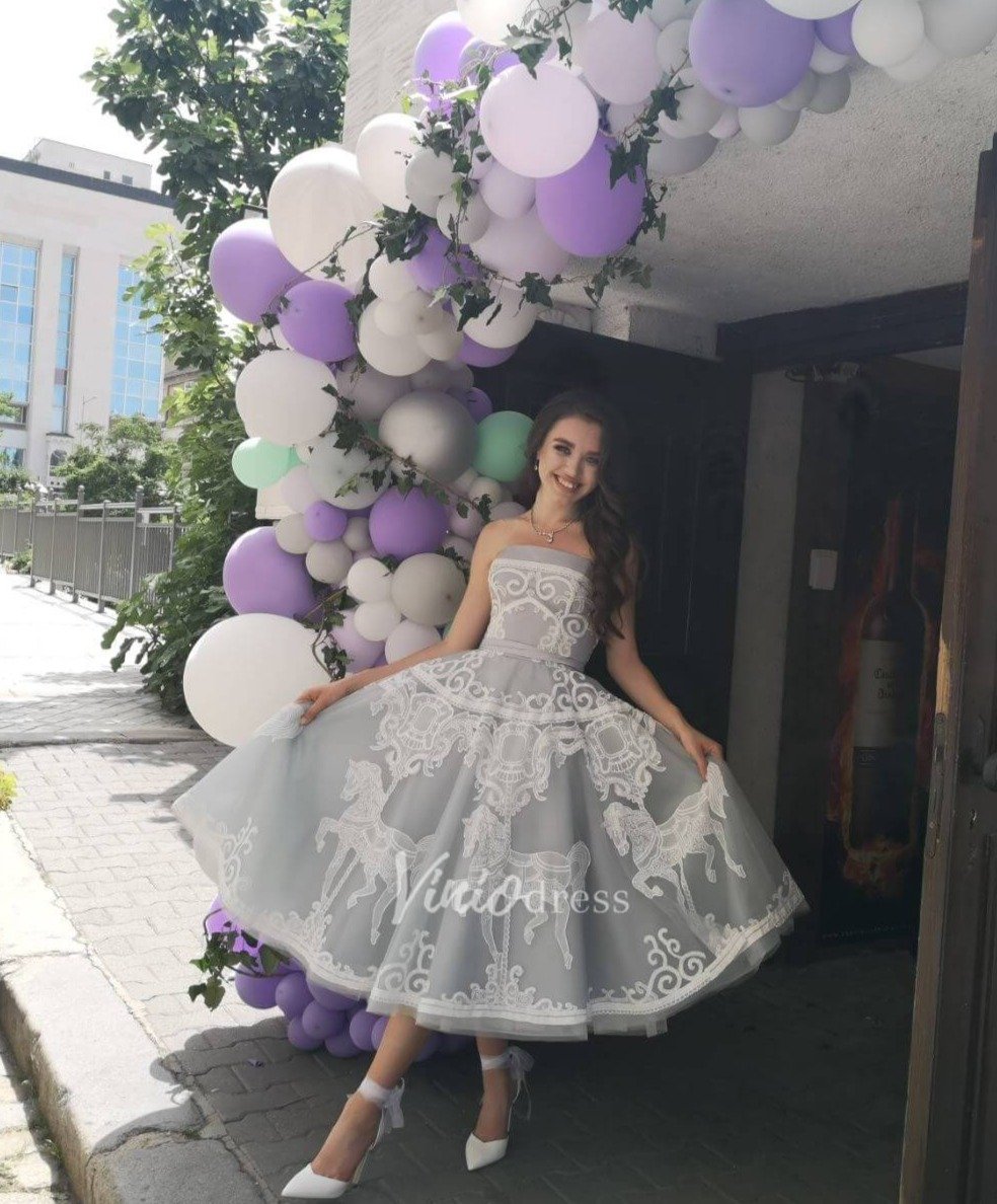 Strapless Silver Tulle Prom Dresses Vintage Horse Lace Formal Dress FD1981 viniodress-prom dresses 2025 -Viniodress-Strapless-Grey-US2