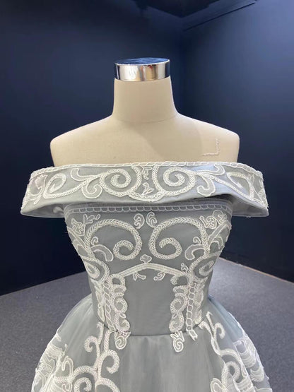Strapless Silver Tulle Prom Dresses Vintage Horse Lace Formal Dress FD1981 viniodress-prom dresses 2025 -Viniodress-Strapless-Grey-US2
