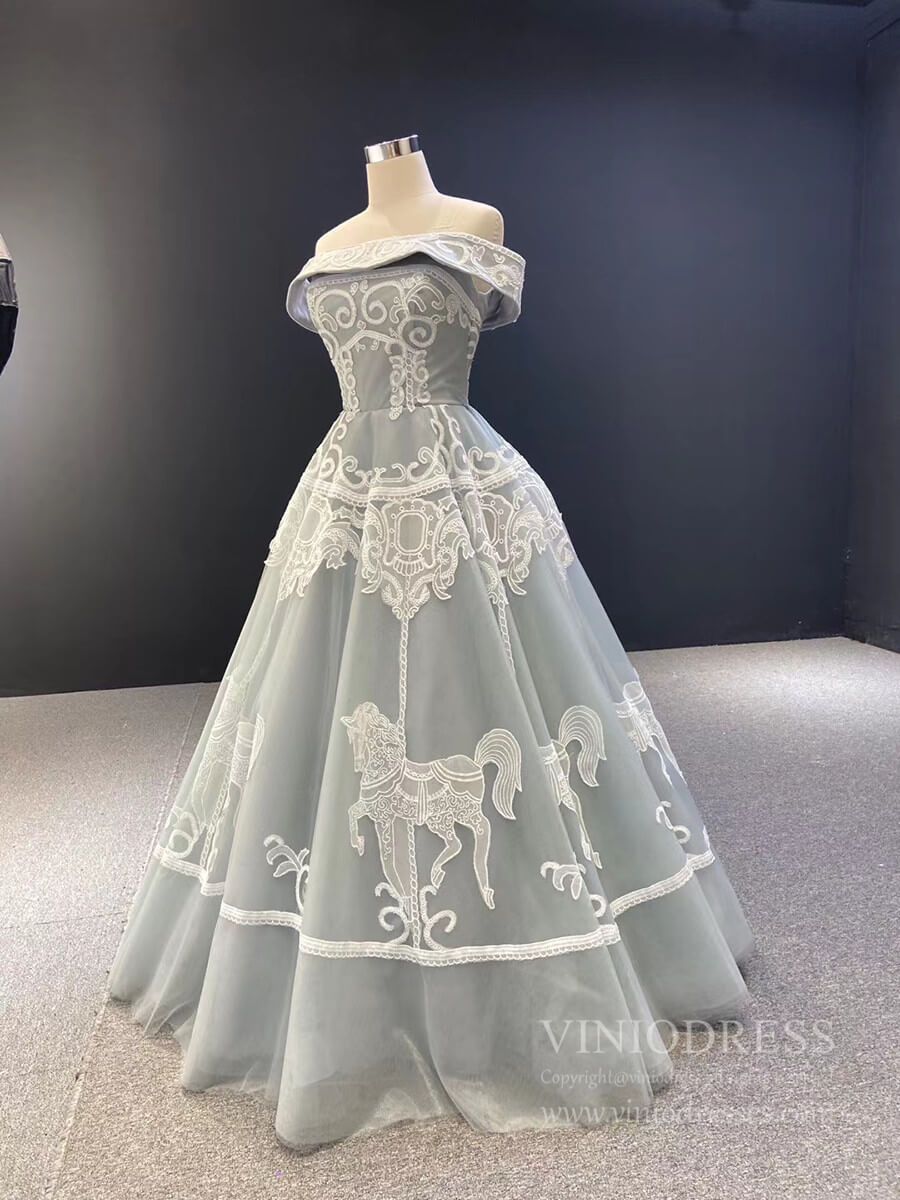 Strapless Silver Tulle Prom Dresses Vintage Horse Lace Formal Dress FD1981 viniodress-prom dresses 2025 -Viniodress-Strapless-Grey-US2