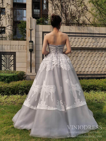 Strapless Silver Tulle Prom Dresses Vintage Horse Lace Formal Dress FD1981 viniodress-prom dresses 2025 -Viniodress-Strapless-Grey-US2