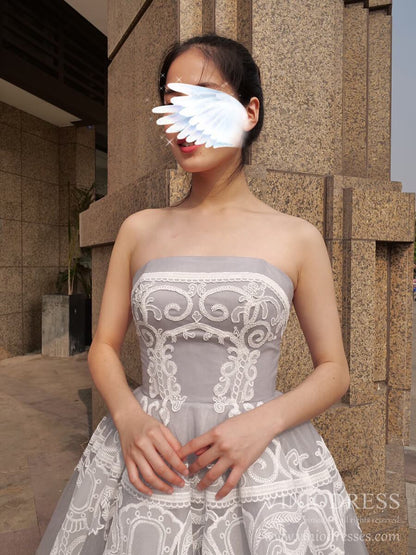 Strapless Silver Tulle Prom Dresses Vintage Horse Lace Formal Dress FD1981 viniodress-prom dresses 2025 -Viniodress-Strapless-Grey-US2