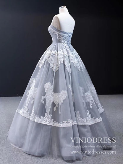 Strapless Silver Tulle Prom Dresses Vintage Horse Lace Formal Dress FD1981 viniodress-prom dresses 2025 -Viniodress-Strapless-Grey-US2
