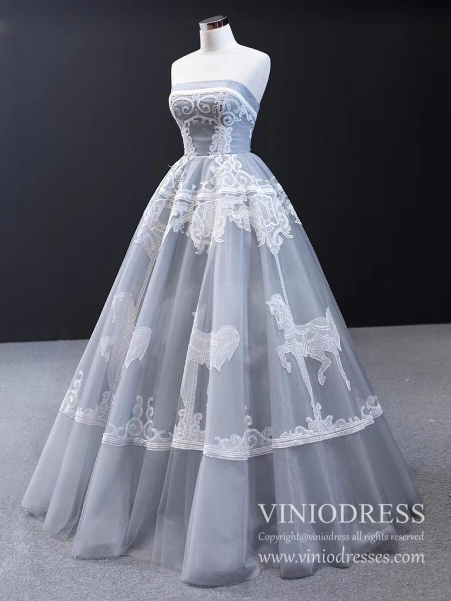 Strapless Silver Tulle Prom Dresses Vintage Horse Lace Formal Dress FD –  Viniodress