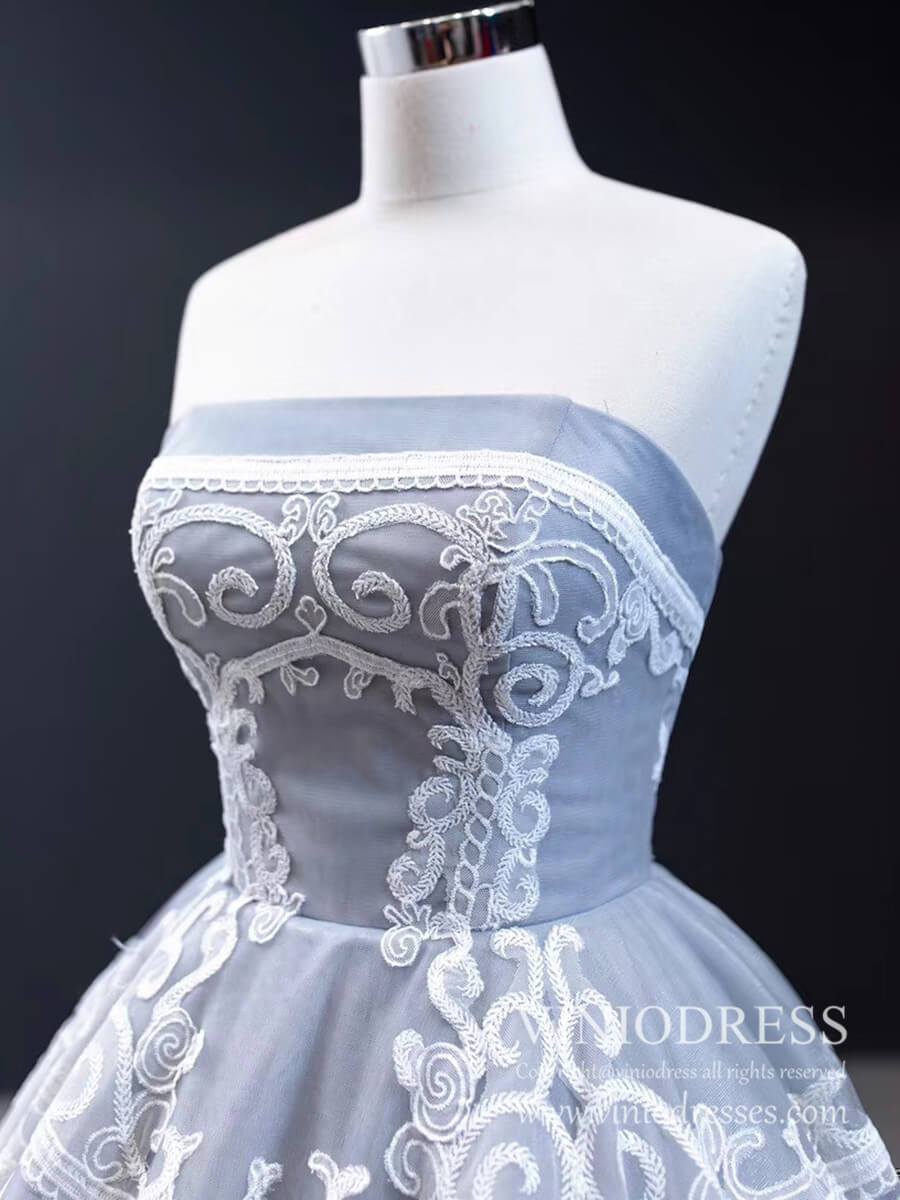 Strapless Silver Tulle Prom Dresses Vintage Horse Lace Formal Dress FD1981 viniodress-prom dresses 2025 -Viniodress-Strapless-Grey-US2