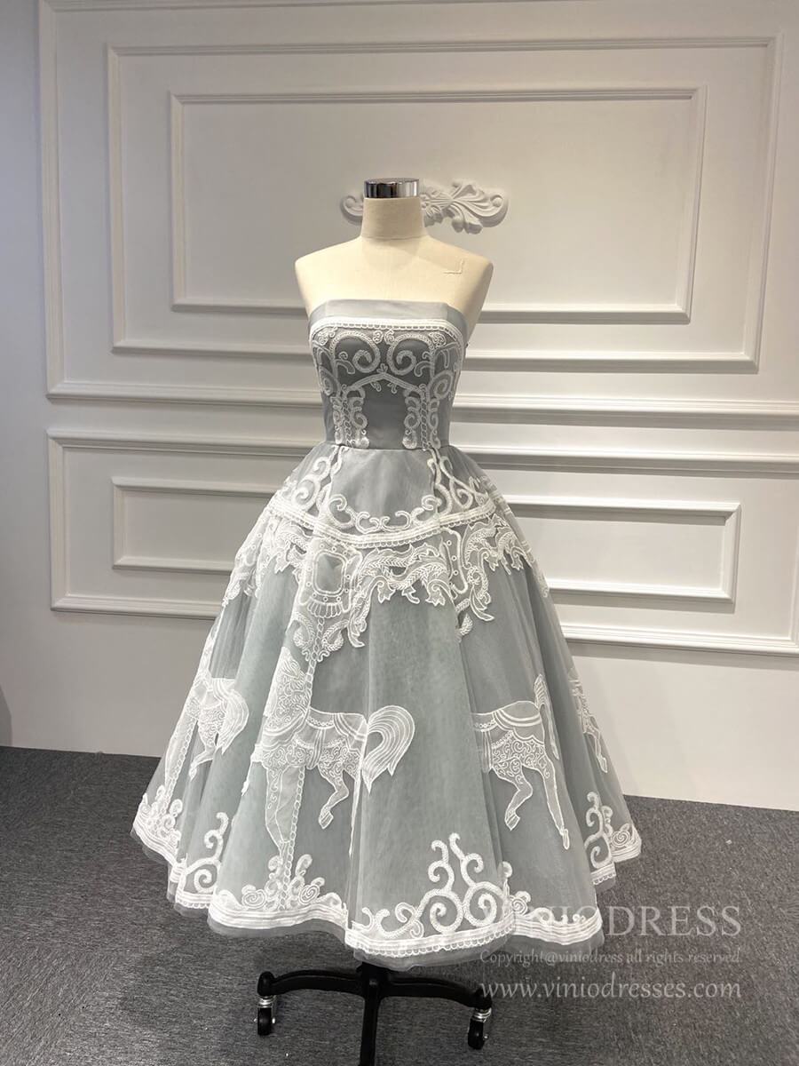 Strapless Silver Tulle Prom Dresses Vintage Horse Lace Formal Dress FD1981 viniodress-prom dresses 2025 -Viniodress-Tea length-Grey-US2