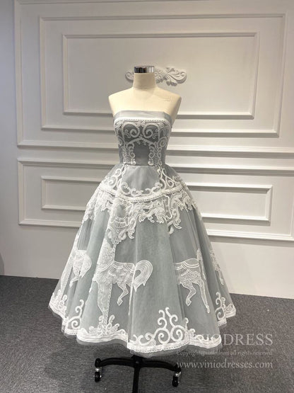 Strapless Silver Tulle Prom Dresses Vintage Horse Lace Formal Dress FD1981 viniodress-prom dresses 2025 -Viniodress-Tea length-Grey-US2