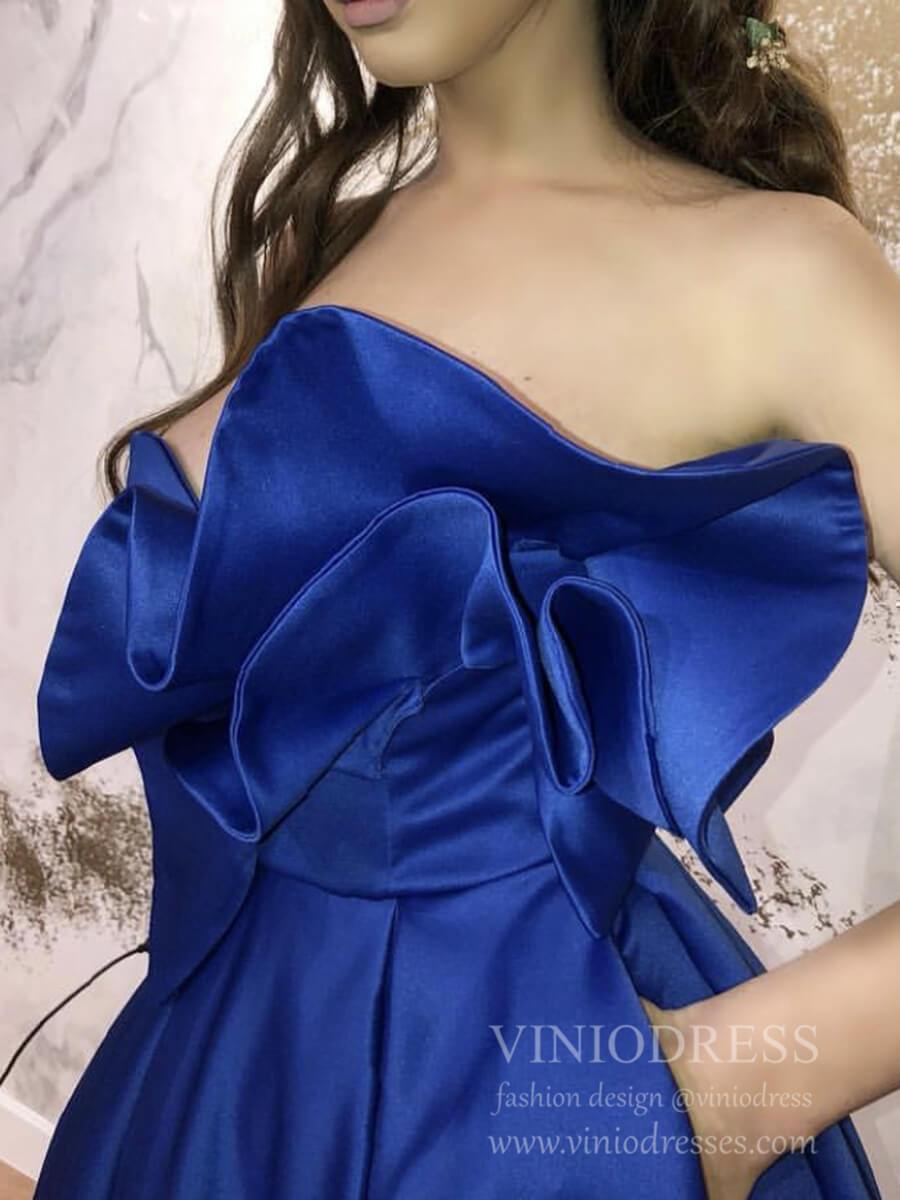 Strapless Royal Blue Satin Prom Dresses with Slit & Pockets FD1806-prom dresses 2025 -Viniodress-Royal Blue-Custom Size-