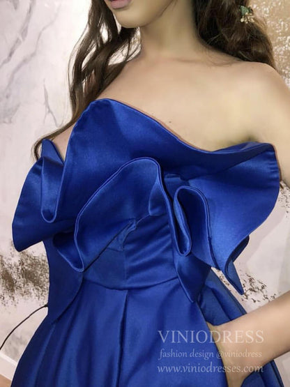Strapless Royal Blue Satin Prom Dresses with Slit & Pockets FD1806-prom dresses 2025 -Viniodress-Royal Blue-Custom Size-