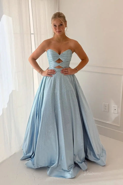 Strapless Sparkly Ball Gown Prom Dress with Cutout Waist, Sweetheart Twist Bodice & Pockets – AS102-prom dresses 2026-Viniodress-Light Blue-US 0-