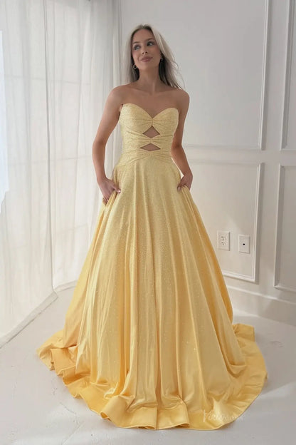 Strapless Sparkly Ball Gown Prom Dress with Cutout Waist, Sweetheart Twist Bodice & Pockets – AS102-prom dresses 2026-Viniodress-Yellow-US 0-