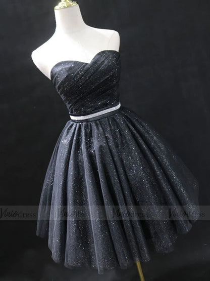 Strapless Sparkly Black Homecoming Dresses Cocktail Dress SD1220-Homecoming Dresses 2025 -Viniodress-Black-Custom Size-