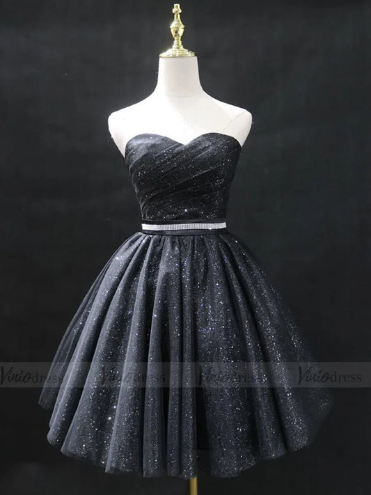 Strapless Sparkly Black Homecoming Dresses Cocktail Dress SD1220-Homecoming Dresses 2025 -Viniodress-Black-Custom Size-