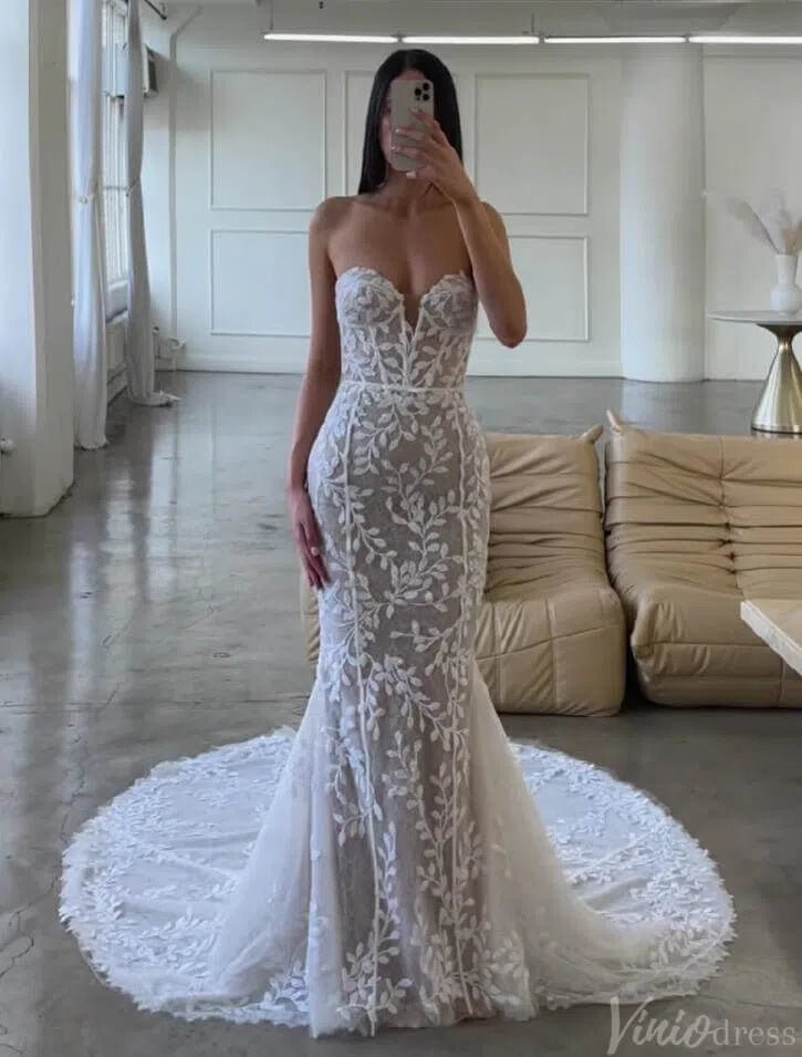 Strapless Sparkly Lace Mermaid Wedding Dresses Nude Boho Bridal Gown AW1031 - Viniodresswedding dressesNudeCustom Size - Formal Dresses - Ball Gowns