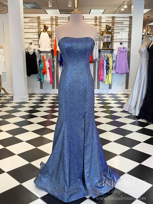 Prom Dress 2025 Strapless Sparkly Mermaid Prom Dresses with Slit Cheap Evening Dress FD2121-unique prom dresses-Blue-Custom Size-Viniodress