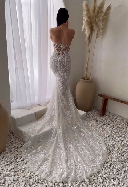 Strapless Sparkly Mermaid Wedding Dress Meadow Lace Boho Bridal Gown Sweetheart Neckline ML113-wedding dresses 2025 -Viniodress-Nude-Custom Size-