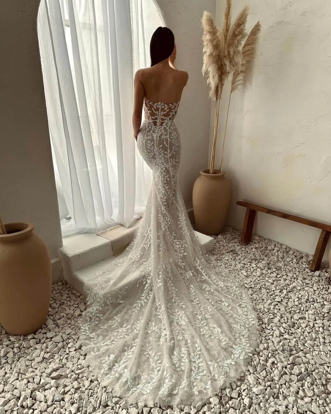 Strapless Sparkly Mermaid Wedding Dress Meadow Lace Boho Bridal Gown Sweetheart Neckline ML113-wedding dresses 2025 -Viniodress-Nude-Custom Size-
