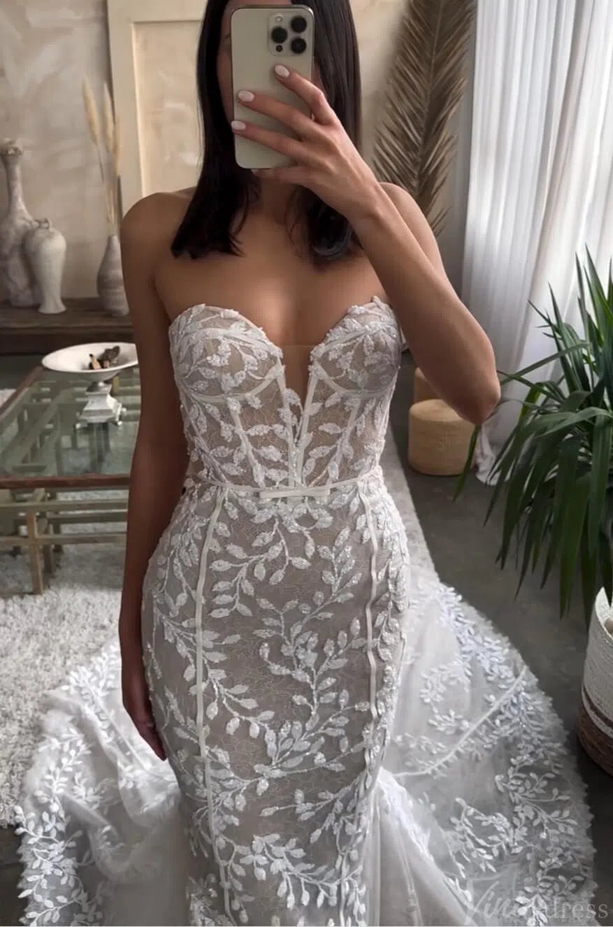 Strapless Sparkly Mermaid Wedding Dress Meadow Lace Boho Bridal Gown Sweetheart Neckline ML113-wedding dresses 2025 -Viniodress-Nude-Custom Size-
